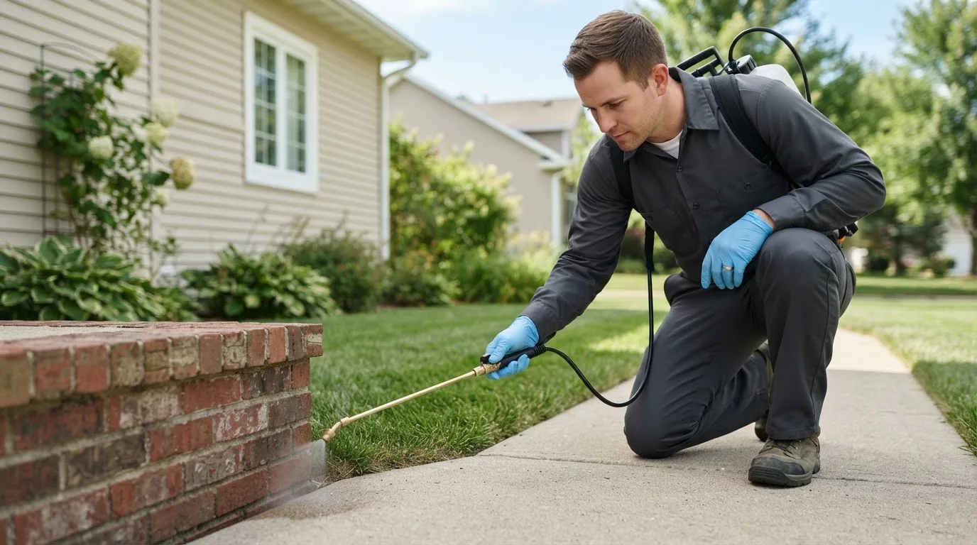 Pest control technician treating a home near Conway, MI