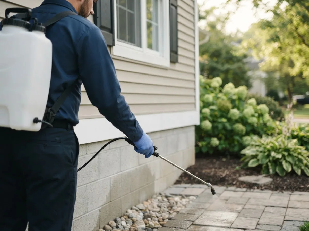 Pest control technician inspecting a home in Conway, MI